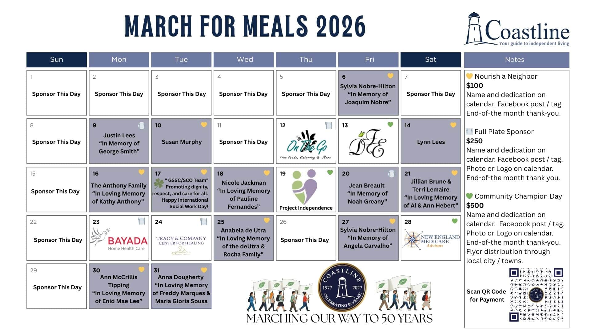 A calendar of the month of March 2026 with each donor's name or business name in the days that were sponsored.